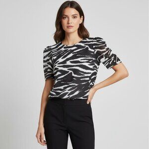 Calvin Klein Zebra Print Blouse Black & White Medium Short Sleeve Button Detail